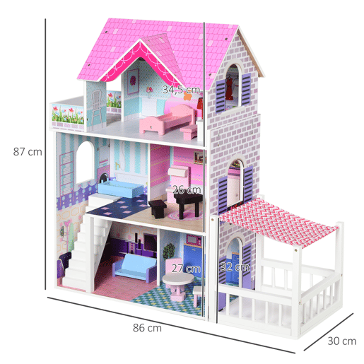 HOMCOM Casa de Bonecas de 3 Andares com Pátio Móveis Acessórios Bonita Casa de Bonecas de Madeira 86x30x87 cm Rosa