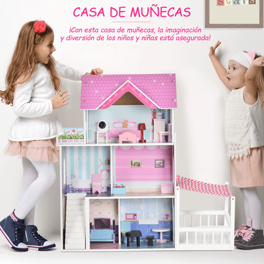 HOMCOM Casa de Bonecas de 3 Andares com Pátio Móveis Acessórios Bonita Casa de Bonecas de Madeira 86x30x87 cm Rosa