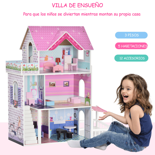 HOMCOM Casa de Bonecas de 3 Andares com Pátio Móveis Acessórios Bonita Casa de Bonecas de Madeira 86x30x87 cm Rosa