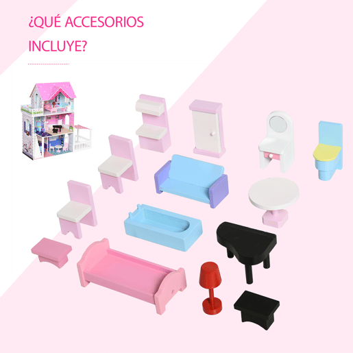 HOMCOM Casa de Bonecas de 3 Andares com Pátio Móveis Acessórios Bonita Casa de Bonecas de Madeira 86x30x87 cm Rosa