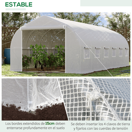 Outsunny Estufa Tipo Túnel 595x300x200cm Estufa de Jardim Grande com 12 Janelas e Porta Enrolável com Zíper para Cultivo de Plantas Branco