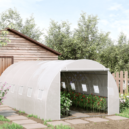 Outsunny Estufa de Túnel 600x300x200cm com Porta Enrolável 12 Janelas Cobertura de PE 140gm² e Metal Galvanizado para Cultivos de Plantas Verduras Branco