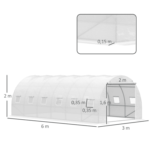 Outsunny Estufa de Túnel 600x300x200cm com Porta Enrolável 12 Janelas Cobertura de PE 140gm² e Metal Galvanizado para Cultivos de Plantas Verduras Branco
