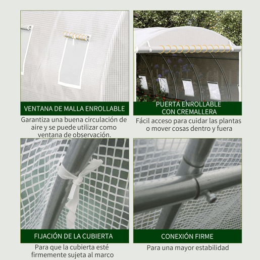 Outsunny Estufa de Túnel 600x300x200cm com Porta Enrolável 12 Janelas Cobertura de PE 140gm² e Metal Galvanizado para Cultivos de Plantas Verduras Branco