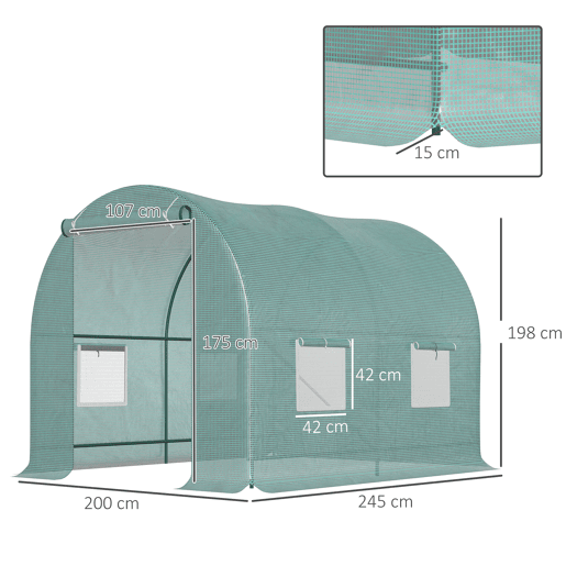 Outsunny Estufa Tipo Túnel 245x200x198cm Estufa de Jardim com Janelas e Portas Enroláveis para Cultivo de Plantas Verde