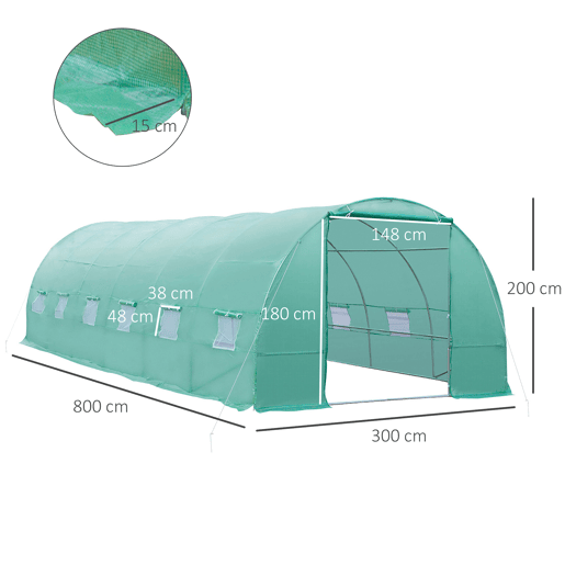 Outsunny Estufa tipo Túnel 8x3x2m Aço e PE 140 gm² Estufa para Cultivo de Plantas Tomates Verduras com 12 Janelas e Porta Enroláveis Verde