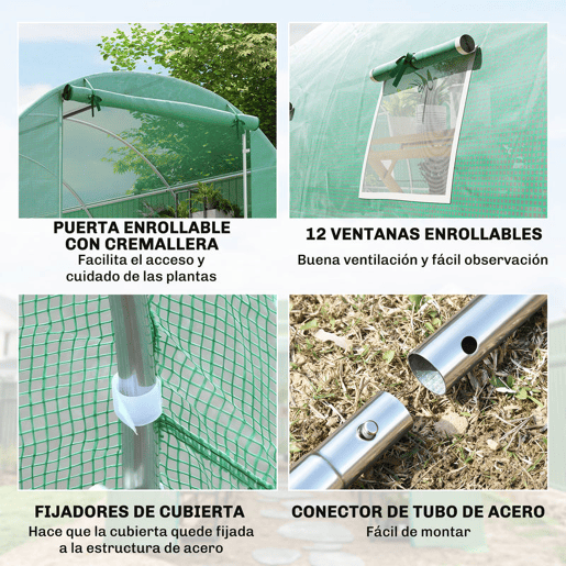 Outsunny Estufa tipo Túnel 8x3x2m Aço e PE 140 gm² Estufa para Cultivo de Plantas Tomates Verduras com 12 Janelas e Porta Enroláveis Verde