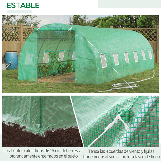 Outsunny Estufa tipo Túnel 8x3x2m Aço e PE 140 gm² Estufa para Cultivo de Plantas Tomates Verduras com 12 Janelas e Porta Enroláveis Verde