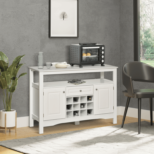 HOMCOM Aparador de Cozinha Aparador de Sala de Jantar com 1 Gaveta 1 Prateleira Aberta 2 Portas e Suporte para 12 Garrafas 116,5x40x82,5 cm Branco