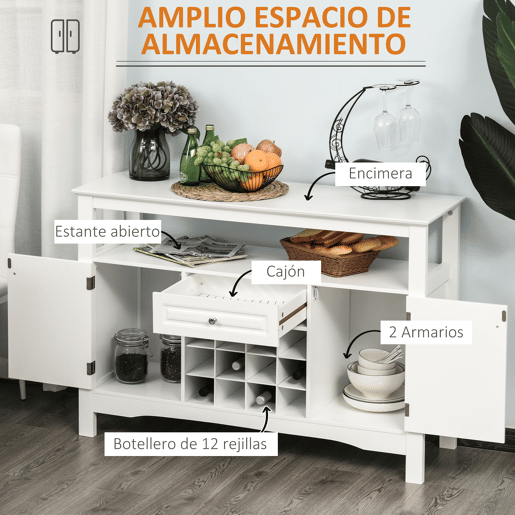 HOMCOM Aparador de Cozinha Aparador de Sala de Jantar com 1 Gaveta 1 Prateleira Aberta 2 Portas e Suporte para 12 Garrafas 116,5x40x82,5 cm Branco