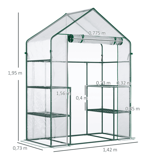 Outsunny Estufa de Jardim Estufa de Terraço com 4 Prateleiras 1 Porta com Fecho de Correr para Cultivo de Plantas Flores Vegetais 142x73x195 cm Verde