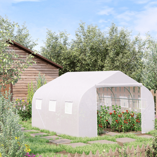 Outsunny Estufa Tipo Túnel 350x300x200 cm com Porta Enrolável 6 Janelas Estufa para Cultivo de Plantas Verduras Branco