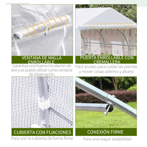 Outsunny Estufa Tipo Túnel 350x300x200 cm com Porta Enrolável 6 Janelas Estufa para Cultivo de Plantas Verduras Branco