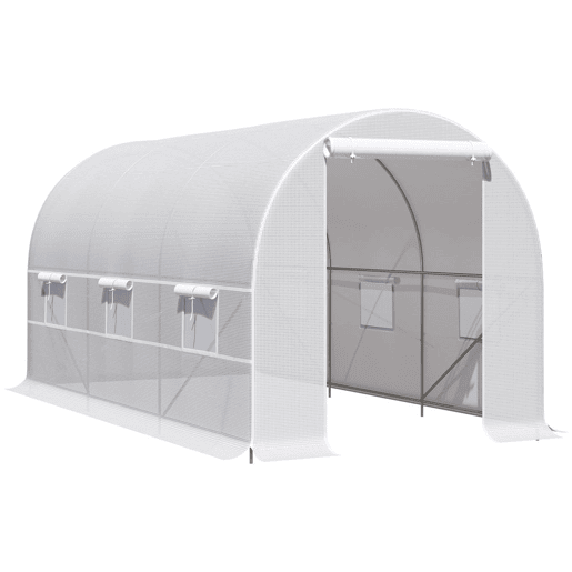 Outsunny Estufa Tipo Túnel 400x200x200cm Estufa de Jardim com Portas Enroláveis e 6 Janelas Cobertura de PE 140 gm² Estrutura de Metal para Cultivo de Plantas Verduras Branco
