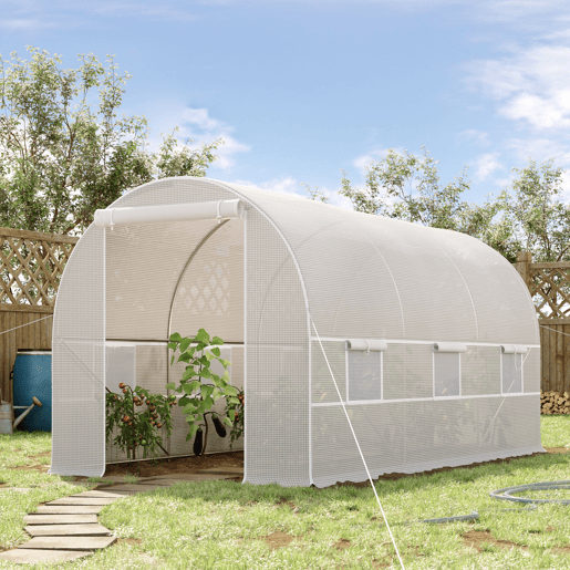 Outsunny Estufa Tipo Túnel 400x200x200cm Estufa de Jardim com Portas Enroláveis e 6 Janelas Cobertura de PE 140 gm² Estrutura de Metal para Cultivo de Plantas Verduras Branco