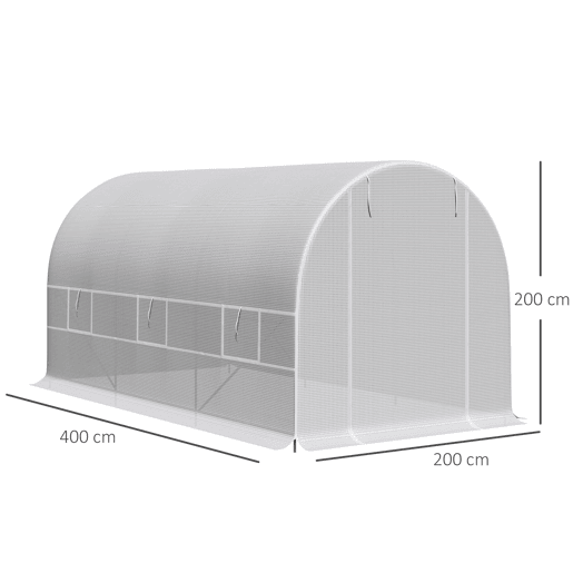 Outsunny Estufa Tipo Túnel 400x200x200cm Estufa de Jardim com Portas Enroláveis e 6 Janelas Cobertura de PE 140 gm² Estrutura de Metal para Cultivo de Plantas Verduras Branco