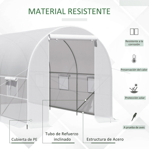 Outsunny Estufa Tipo Túnel 400x200x200cm Estufa de Jardim com Portas Enroláveis e 6 Janelas Cobertura de PE 140 gm² Estrutura de Metal para Cultivo de Plantas Verduras Branco