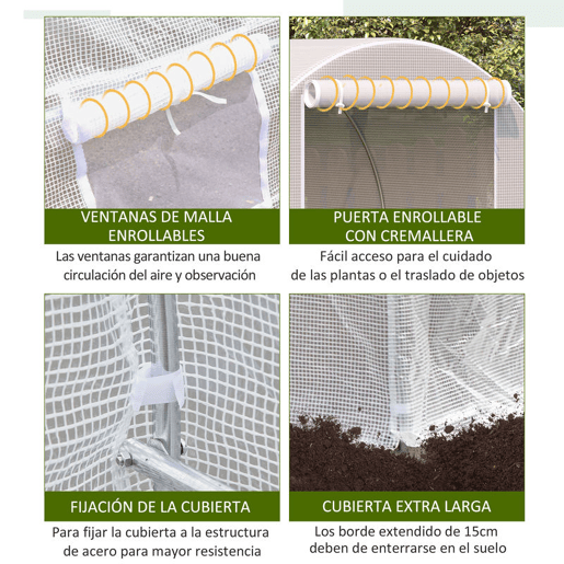 Outsunny Estufa Tipo Túnel 400x200x200cm Estufa de Jardim com Portas Enroláveis e 6 Janelas Cobertura de PE 140 gm² Estrutura de Metal para Cultivo de Plantas Verduras Branco