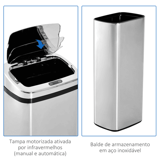 HOMCOM Caixote do Lixo de Cozinha 50L com Sensor de Movimento e Abertura Automática em Aço Inoxidável e ABS 33x25x84 cm Prata