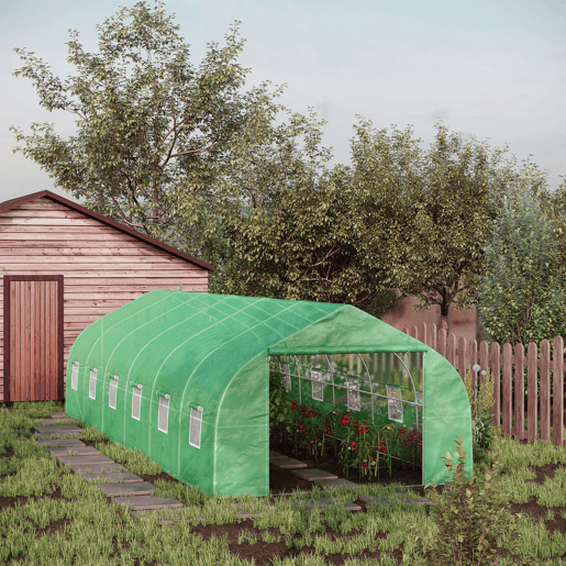 Outsunny Estufa Tipo Túnel 800x300x200cm com 12 Janelas e Porta Enrolável Cobertura de PE 140gm² e Aço Teto Pontiagudo para Cultivo de Plantas Verduras Verde