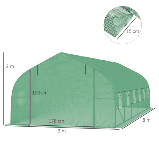 Outsunny Estufa Tipo Túnel 800x300x200cm com 12 Janelas e Porta Enrolável Cobertura de PE 140gm² e Aço Teto Pontiagudo para Cultivo de Plantas Verduras Verde