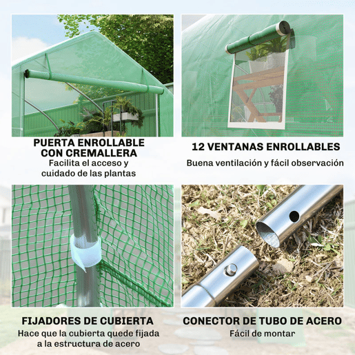 Outsunny Estufa Tipo Túnel 800x300x200cm com 12 Janelas e Porta Enrolável Cobertura de PE 140gm² e Aço Teto Pontiagudo para Cultivo de Plantas Verduras Verde