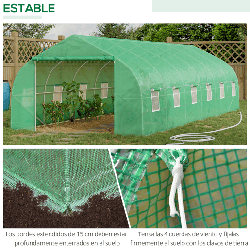 Outsunny Estufa Tipo Túnel 800x300x200cm com 12 Janelas e Porta Enrolável Cobertura de PE 140gm² e Aço Teto Pontiagudo para Cultivo de Plantas Verduras Verde