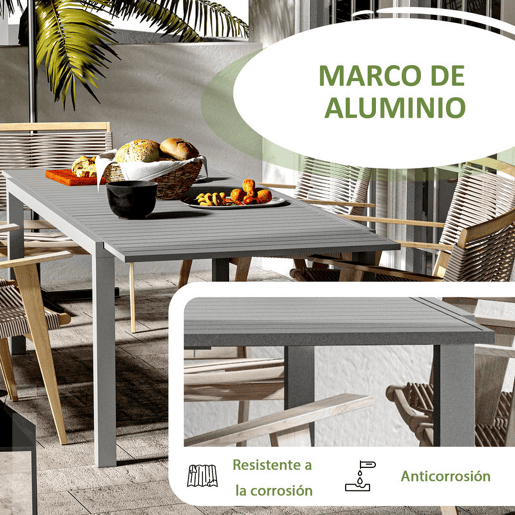 Outsunny Mesa de Jardim Extensível Mesa de Jantar Exterior Mesa de Terraço Retangular para 6-8 Pessoas com Estrutura de Alumínio Capacidade 50 kg para Varanda 180240x94x73 cm Cinza Escuro