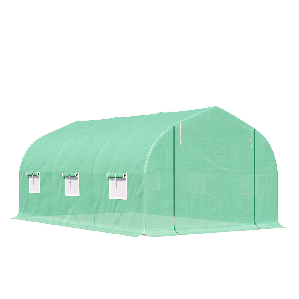 Outsunny invernadero de túnel 450x300x205 cm invernadero de jardín con 6 ventanas cubierta de polietileno pe 140 g/m² y estructura de acero para cultivo plantas jardín terraza verde