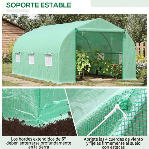 Outsunny Estufa Tipo Túnel 450x300x200 cm Estufa de Jardim com Porta e 6 Janelas Enroláveis Cobertura de PE e Aço para Cultivos de Plantas Flores Verde