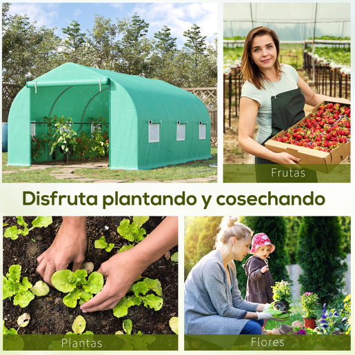 Outsunny Estufa Tipo Túnel 450x300x200 cm Estufa de Jardim com Porta e 6 Janelas Enroláveis Cobertura de PE e Aço para Cultivos de Plantas Flores Verde