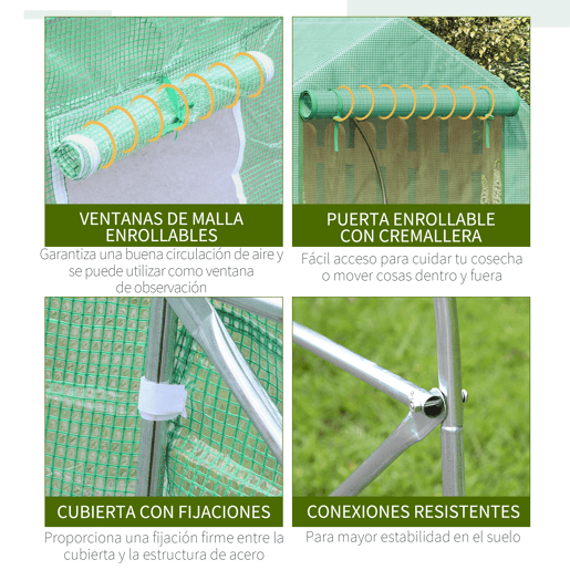 Outsunny Estufa Tipo Túnel 450x300x200 cm Estufa de Jardim com Porta e 6 Janelas Enroláveis Cobertura de PE e Aço para Cultivos de Plantas Flores Verde