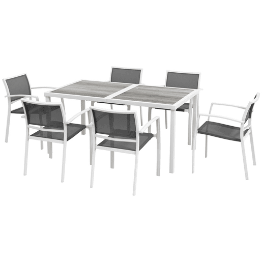 Outsunny Conjunto de Refeição de Jardim de 7 Peças com 1 Mesa de Exterior e 6 Cadeiras Empilháveis Estilo Moderno para Terraço Pátio Branco e Cinza