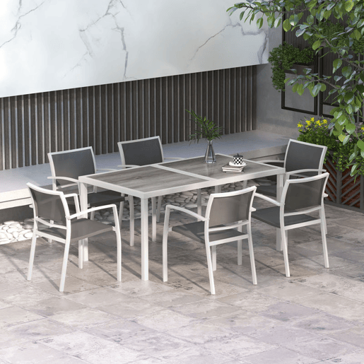 Outsunny Conjunto de Refeição de Jardim de 7 Peças com 1 Mesa de Exterior e 6 Cadeiras Empilháveis Estilo Moderno para Terraço Pátio Branco e Cinza