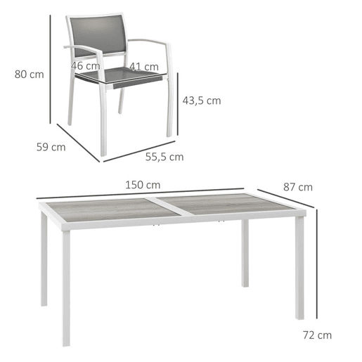Outsunny Conjunto de Refeição de Jardim de 7 Peças com 1 Mesa de Exterior e 6 Cadeiras Empilháveis Estilo Moderno para Terraço Pátio Branco e Cinza
