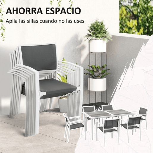 Outsunny Conjunto de Refeição de Jardim de 7 Peças com 1 Mesa de Exterior e 6 Cadeiras Empilháveis Estilo Moderno para Terraço Pátio Branco e Cinza