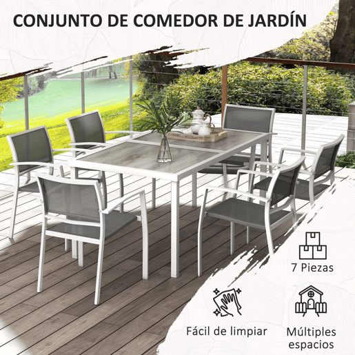 Outsunny Conjunto de Refeição de Jardim de 7 Peças com 1 Mesa de Exterior e 6 Cadeiras Empilháveis Estilo Moderno para Terraço Pátio Branco e Cinza