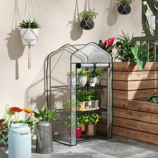 Outsunny Estufa de Jardim de 3 Níveis Estufa de Terraço com 3 Prateleiras 1 Porta com Fecho de Correr para Cultivo de Plantas Flores Vegetais, 59x39x127 cm Transparente