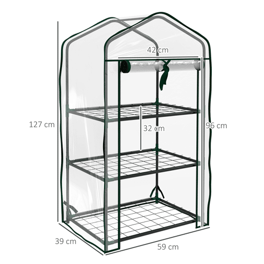 Outsunny Estufa de Jardim de 3 Níveis Estufa de Terraço com 3 Prateleiras 1 Porta com Fecho de Correr para Cultivo de Plantas Flores Vegetais, 59x39x127 cm Transparente