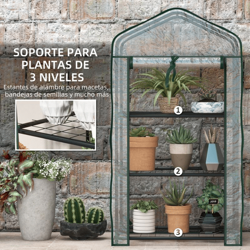 Outsunny Estufa de Jardim de 3 Níveis Estufa de Terraço com 3 Prateleiras 1 Porta com Fecho de Correr para Cultivo de Plantas Flores Vegetais, 59x39x127 cm Transparente
