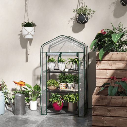 Outsunny Estufa de Jardim de 3 Níveis Estufa de Terraço com 3 Prateleiras 1 Porta com Fecho de Correr para Cultivo de Plantas Flores Vegetais, 59x39x127 cm Transparente