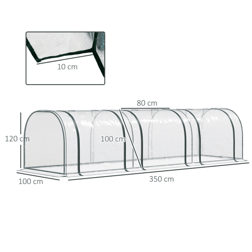 Outsunny Estufa 350x100x80 cm para Jardim Varanda Estufa Pequena para Cultivo de Plantas com 3 Janelas Estrutura de Aço e PVC Transparente e Verde