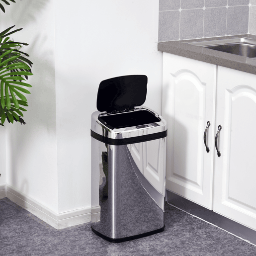 HOMCOM Balde de Lixo Inteligente de Aço Inoxidável 30L com Sensor Infravermelho de Abertura Automática para Cozinha Dormitório Casa de Banho 33x25x58 cm Prata e Preto