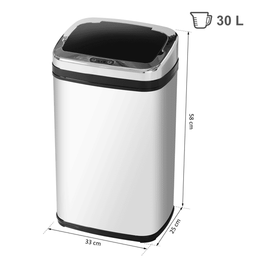 HOMCOM Balde de Lixo Inteligente de Aço Inoxidável 30L com Sensor Infravermelho de Abertura Automática para Cozinha Dormitório Casa de Banho 33x25x58 cm Prata e Preto