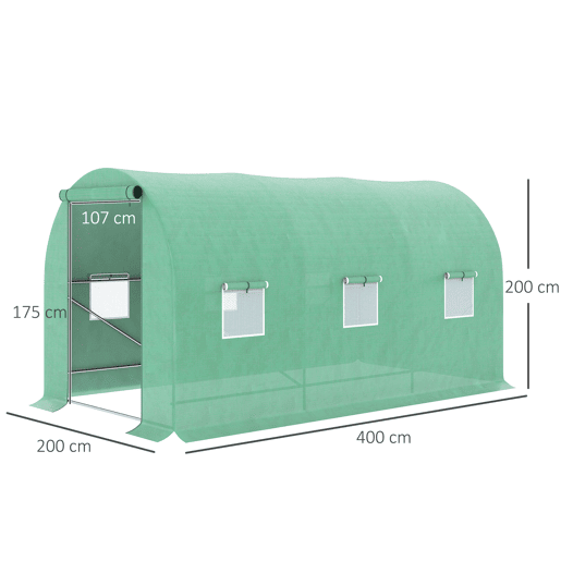 Outsunny Estufa Tipo Túnel 400x200x200cm Estufa de Túnel com Portas Enroláveis e 6 Janelas Cobertura de PE 140 gm² Estrutura de Metal para Cultivo de Plantas Verduras Verde