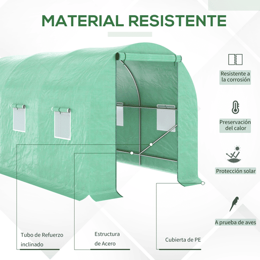 Outsunny Estufa Tipo Túnel 400x200x200cm Estufa de Túnel com Portas Enroláveis e 6 Janelas Cobertura de PE 140 gm² Estrutura de Metal para Cultivo de Plantas Verduras Verde