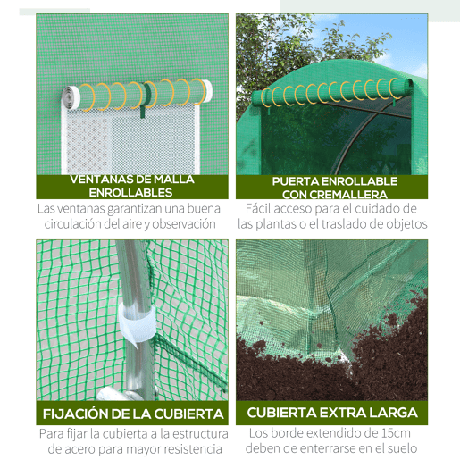 Outsunny Estufa Tipo Túnel 400x200x200cm Estufa de Túnel com Portas Enroláveis e 6 Janelas Cobertura de PE 140 gm² Estrutura de Metal para Cultivo de Plantas Verduras Verde