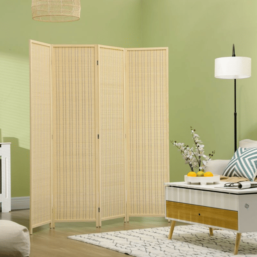 HOMCOM Biombo de 4 Painéis Dobrável 180x180 cm Separador de Ambientes Divisor de Habitação Tecido a Mão de Bambu e Fio de Algodão Decoração Elegante para Sala de Estar Madeira