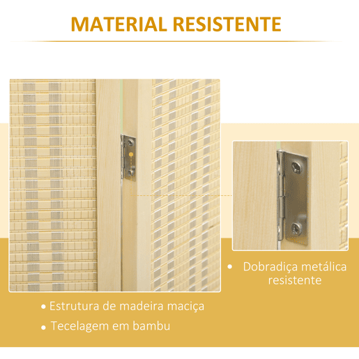 HOMCOM Biombo de 4 Painéis Dobrável 180x180 cm Separador de Ambientes Divisor de Habitação Tecido a Mão de Bambu e Fio de Algodão Decoração Elegante para Sala de Estar Madeira
