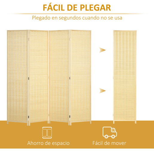 HOMCOM Biombo de 4 Painéis Dobrável 180x180 cm Separador de Ambientes Divisor de Habitação Tecido a Mão de Bambu e Fio de Algodão Decoração Elegante para Sala de Estar Madeira